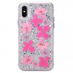 Wholesale iPhone XS / X Luxury Glitter Dried Natural Flower Petal Clear Hybrid Case (Silver Pink)